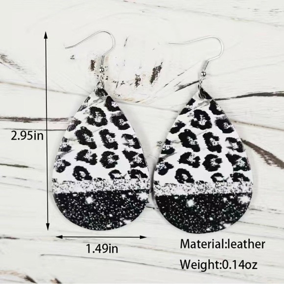 NEW Cow Print Faux Leather Black & White Drop Hook Earrings (2) - Picture 3 of 8